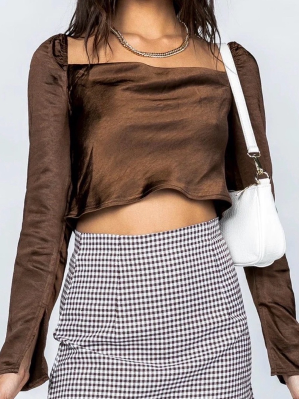 Princess Polly Satin Long Sleeve Cropped Blouse Top Brown US 0